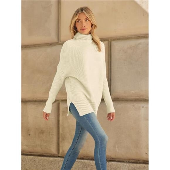 Women's Oversized Ribbed Turtleneck Sweater with Batwing Sleeves –Fall Tunic - Picture 3 of 7